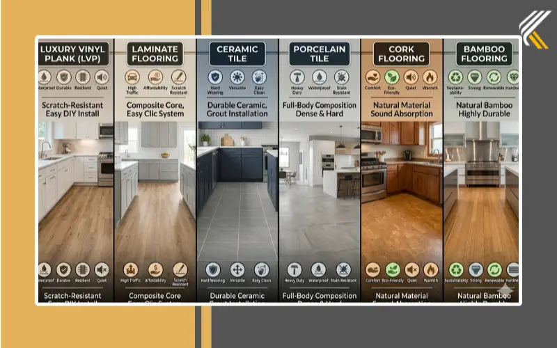 Comparison of affordable kitchen flooring materials.