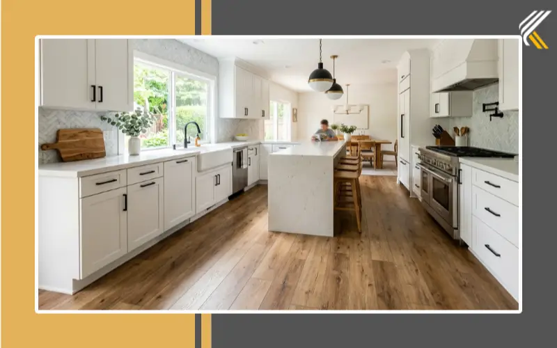 Luxury vinyl plank flooring installed in a modern kitchen