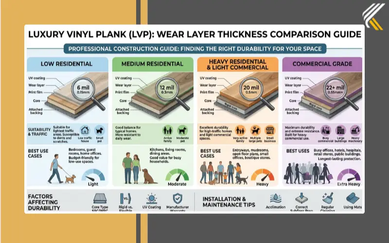 Wear layer thickness comparison for luxury vinyl plank flooring