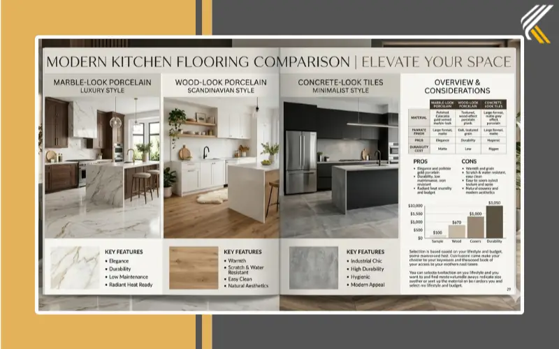 Comparison of modern kitchen flooring tile styles including marble-look, wood-look, and concrete-look tiles