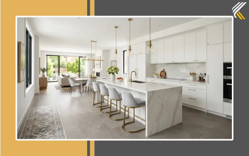 Modern kitchen with stone-look porcelain flooring and upscale interior design