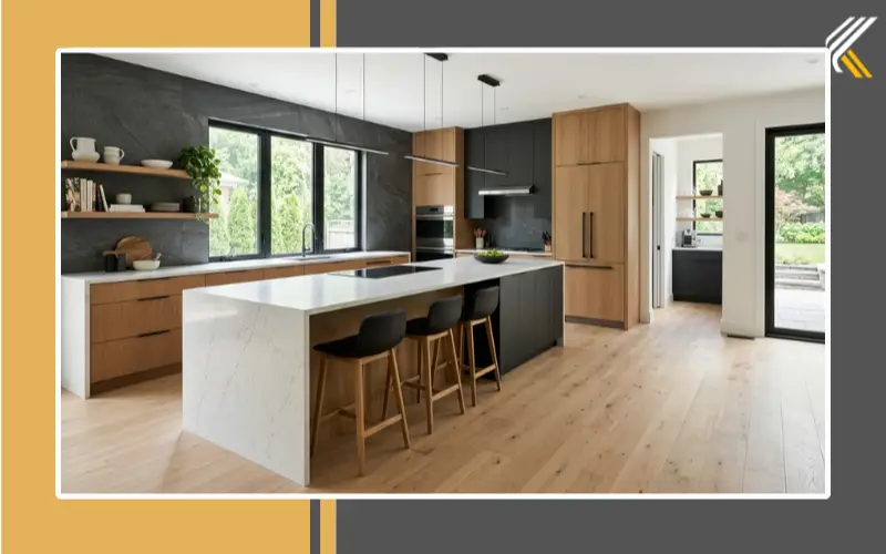 Modern kitchen flooring trends featuring wide plank flooring and large format tile