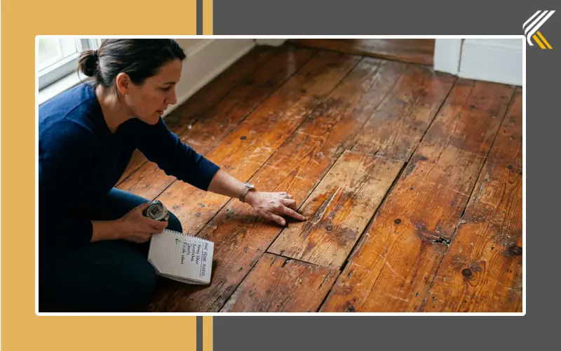 Inspecting pine floors before refinishing