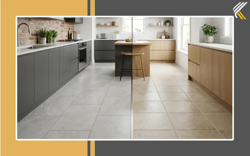 Porcelain and ceramic kitchen floor tiles displayed in a modern kitchen setting