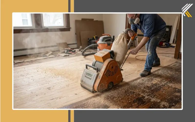 Sanding pine floors during the refinishing process
