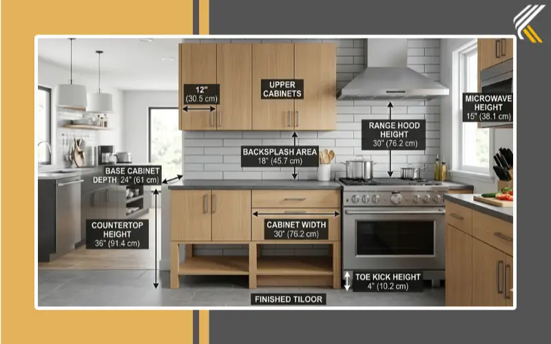 Standard kitchen backsplash height measurement between countertop and cabinets