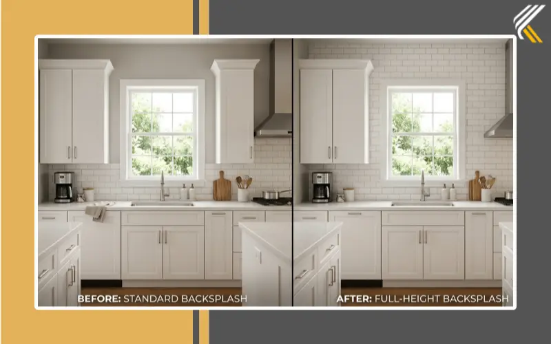 Comparison between standard backsplash and full-height backsplash designs