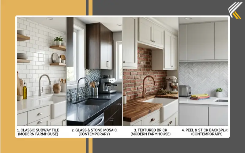 Comparison of subway tile mosaic tile and brick kitchen backsplash designs