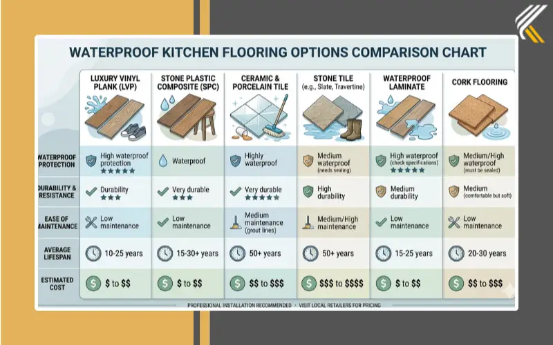 Comparison of waterproof kitchen flooring materials by durability and maintenance