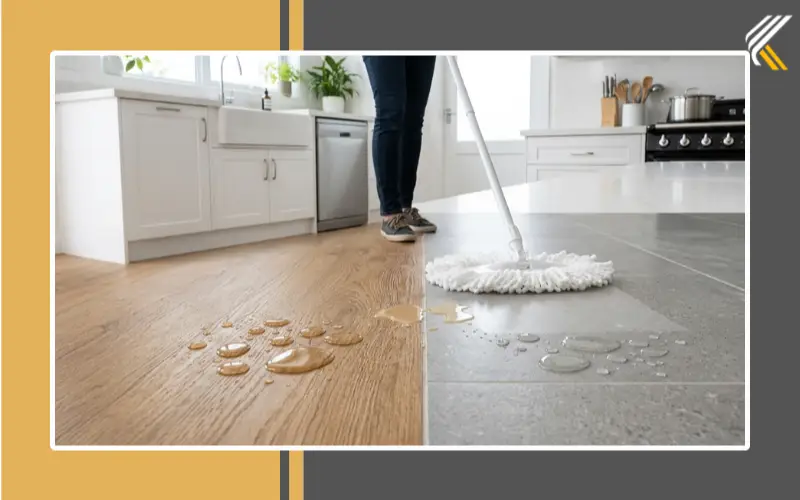 Waterproof kitchen flooring resisting spills and moisture