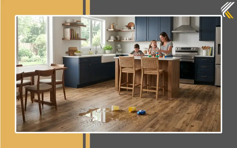 Waterproof vinyl flooring in a modern kitchen with water spill
