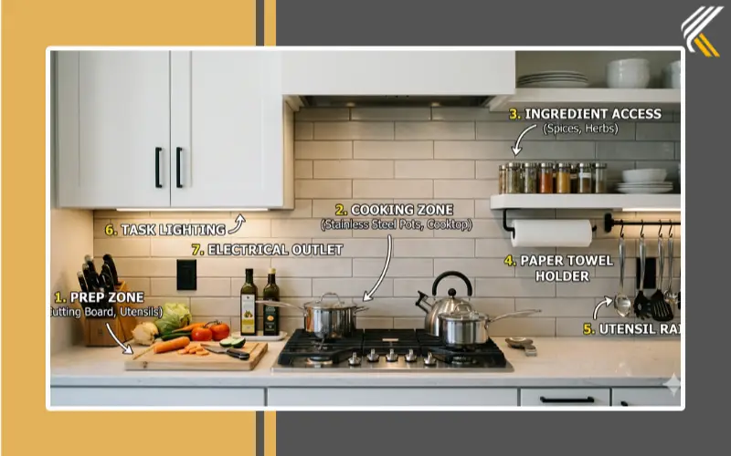 Kitchen backsplash installed between countertop and upper cabinets