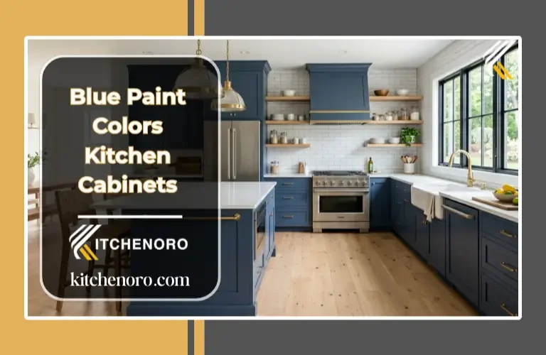 Blue painted kitchen cabinets with white quartz countertops and brass hardware