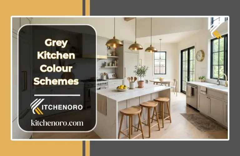 Warm grey kitchen colour scheme with white quartz, oak flooring, and brass hardware