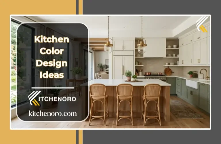 Kitchen color design ideas with sage green cabinets, warm white uppers, oak island, and brass hardware