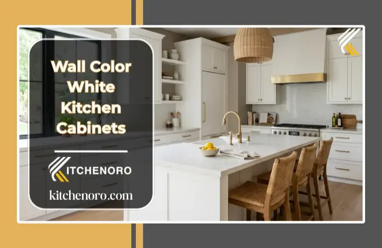 Wall color for white kitchen cabinets with warm greige walls, quartz countertops, and brass hardware