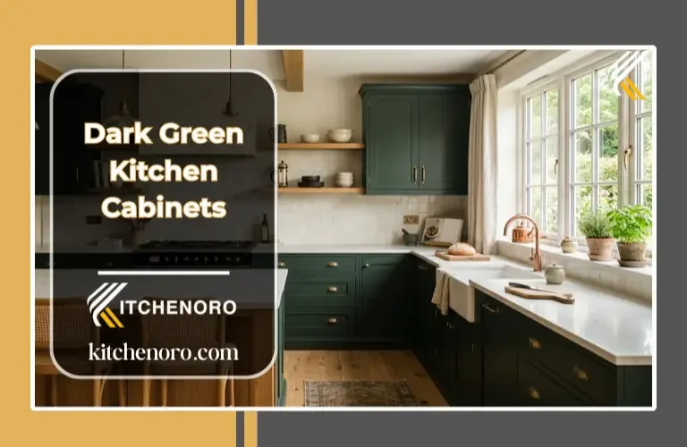 Dark green kitchen cabinets with white quartz counters and brass hardware