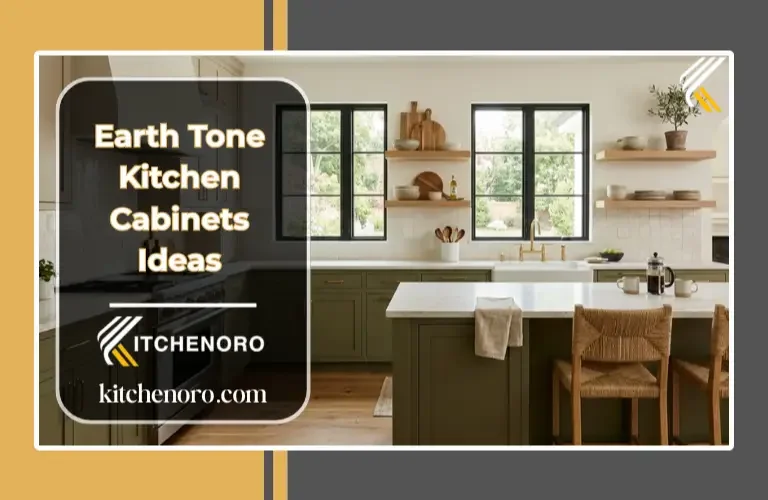 Earth tone kitchen cabinets with olive green lower cabinets, mushroom upper cabinets, white quartz countertops, and brass hardware