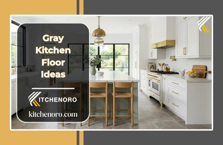 Gray kitchen floor with white cabinets and natural wood accents